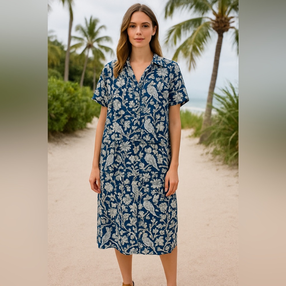 👗Holly Shae Design Blue White Bird Print Midi Shirt Dress Resort Vacation Wear ✨